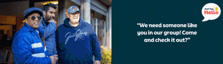 Animated gif - two muslim women greet eachother, carer suggests getting out of the house to wheelchair user boy, three middle aged men from different ethnicities bond