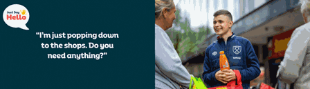 Gif with alternating images - Young man asks elderly ladies if he can get anything from the shops for them, Muslim lady asks someone if they want to join her friends for pizza, man asks if there are any local language classes he can join